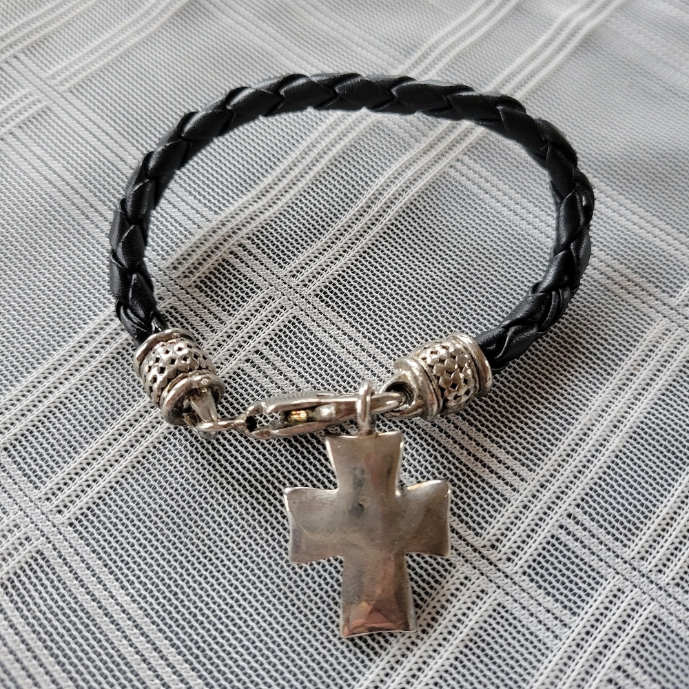 Black and Silver Cord Bracelet -Cross Charm